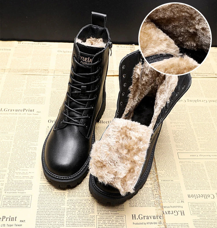 Waterproof Winter Snow Boots Women 2025 Plus Velvet Thick Cotton Women Shoes Black Leather Warm Platform Women's Ankle Boots