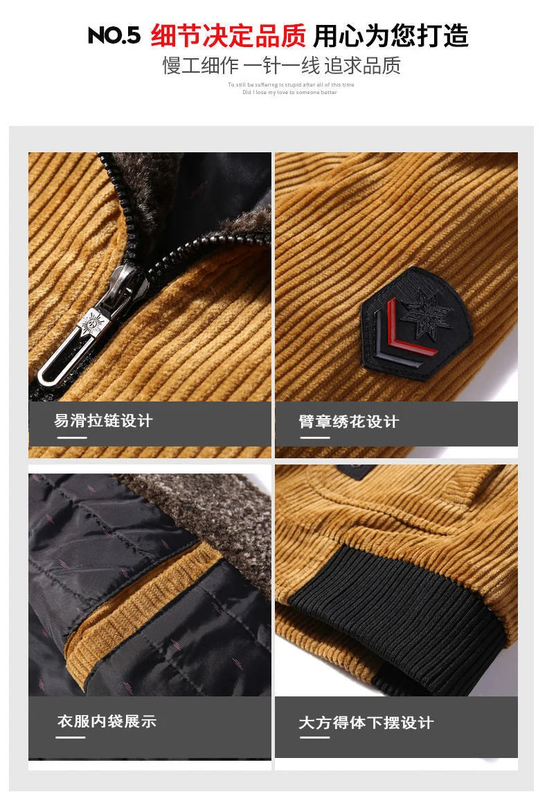 Mens Warm Winter Corduroy Jackets and Coats Fur Collar Winter Casual Jacket Outwear Male Thermal Windbreaker Plus Size 6XL