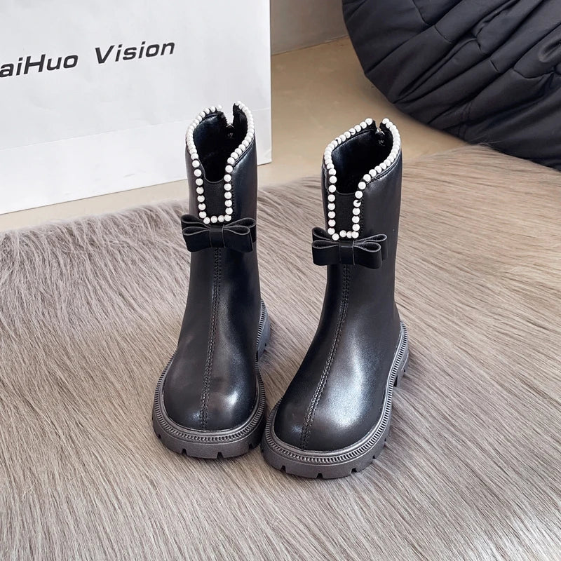Winter girls' shoes 2025 new soft soled fashionable princess boots anti slip outdoor zipper children's leather boots