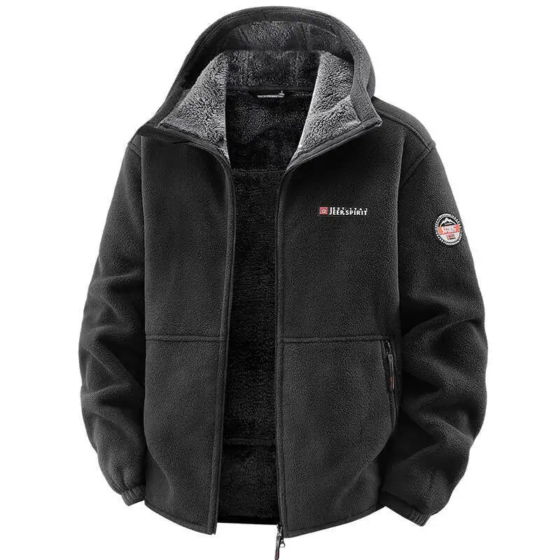 Men's Outdoor Sport Hooded Sweatshirt Jacket Warm Fleece Liner Windproof Softshell Inner Polar Fleece Coat with Zipper & Pockets