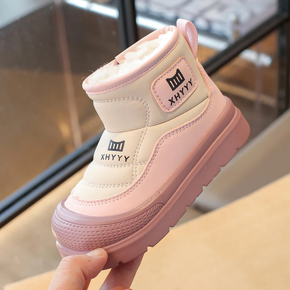 PU Leather Snow Boots For Children Waterproof Thick Warm Girl's Plush Boots Faux Fur Winter Cotton Shoes For Teenager Kids