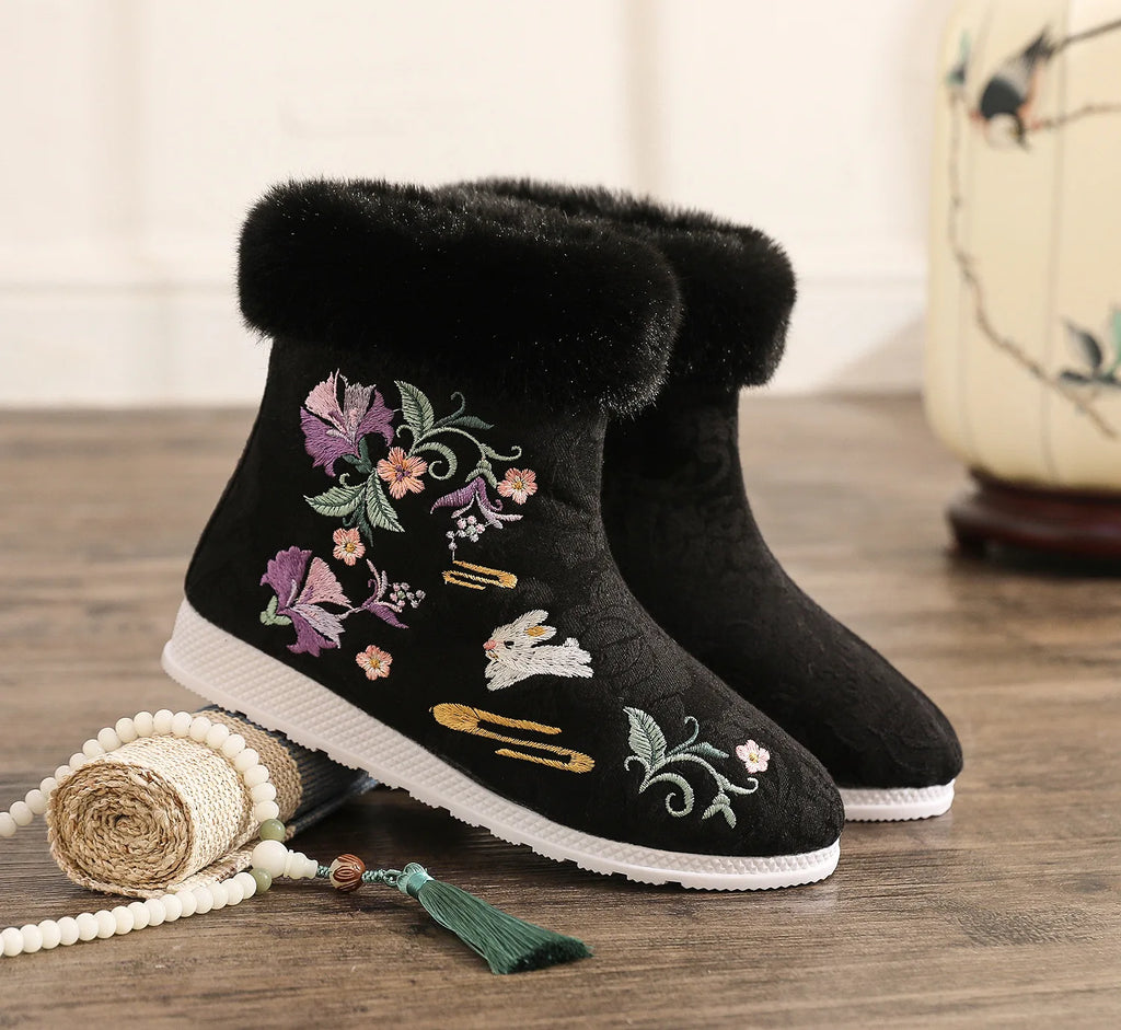 Fashion Winter Boots Women's Shoes Ethnic Style Embroidered Short Boots Women Warm Snow Shoes Female Antiquity Dance Flat Boot