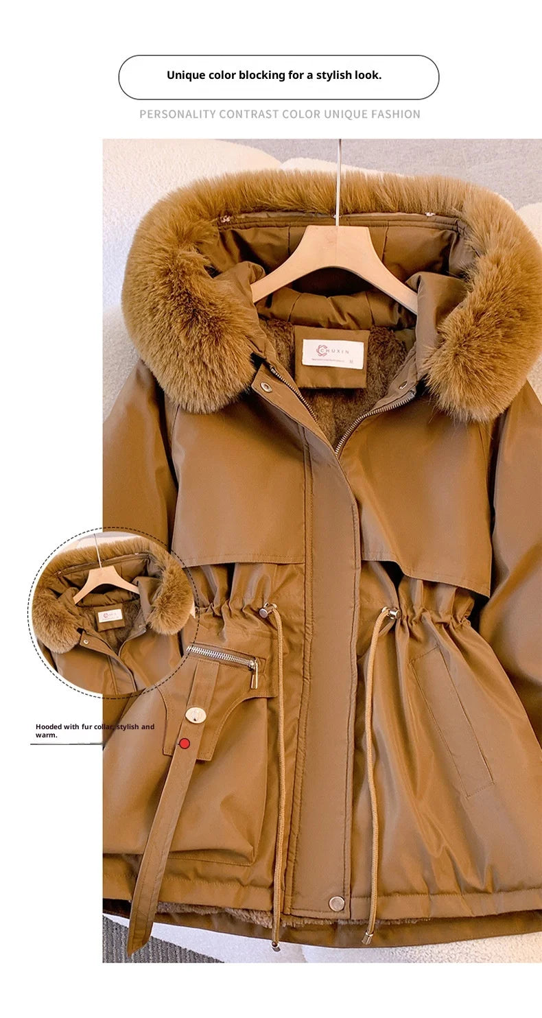 Fleece Lined Hood Down Jacket Winter Coat for Women Warm Drawstring Padded Parkas Korean Casual Streetwear Female Puffer Outwear