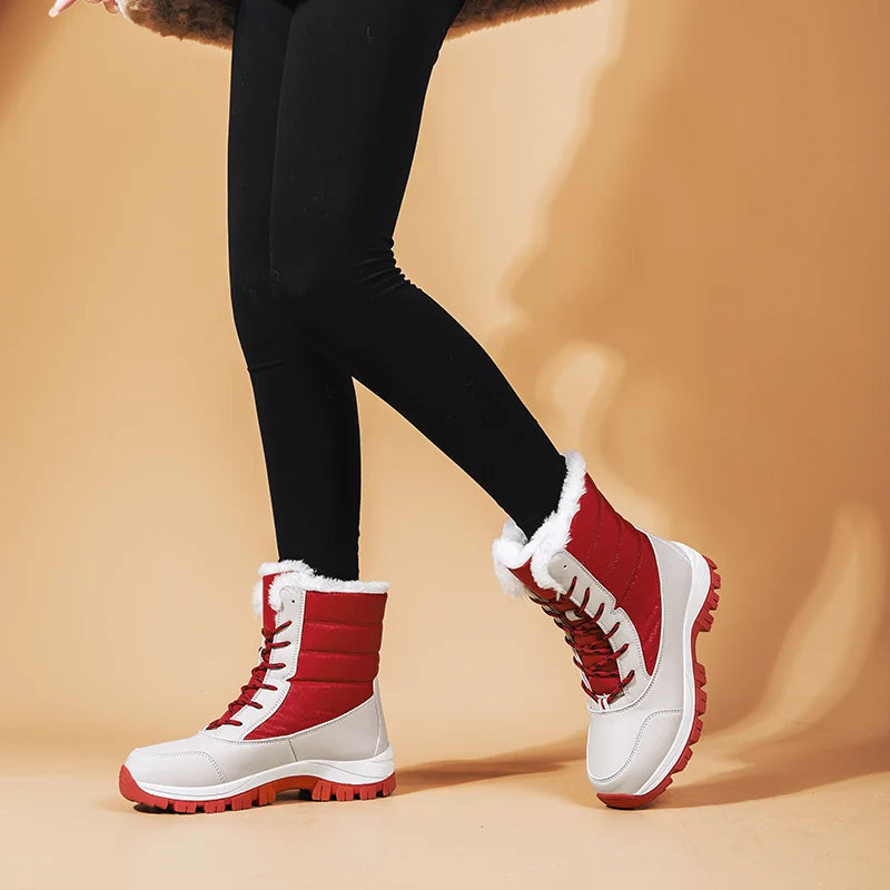 2025 Winter Women's Waterproof High Heel Boots Strap Up Flat Heel Boots Warm Snow Shoes, Plush Outdoor Fashion Casual Boots