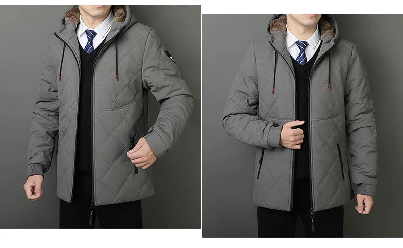 Winter Hooded Jacket Men Windproof Warm Business Casual Men Coats Blazers for Men Formal Social Jacket Solid Color Thick Coat