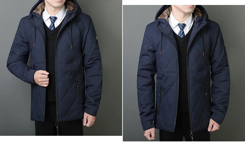 Winter Hooded Jacket Men Windproof Warm Business Casual Men Coats Blazers for Men Formal Social Jacket Solid Color Thick Coat