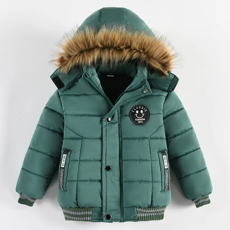 2025 Winter Children Warm Clothing Boys Down Jacket Baby Polyester Fiber Hooded Coat Thicken Outerwear Kids Solid Color Parka