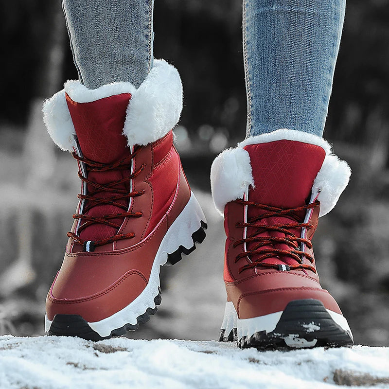 Women's Winter Fashionable Casual and Comfortable Snow Boots - Plush Lined Collar, Non-Slip, Wear-Resistant and Durable Soles, Warm Lining, Round Toe, Warm Outdoor Hiking Boots with Lace-Up Closure