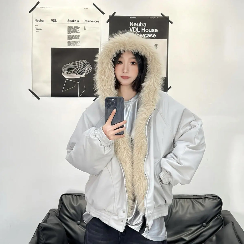 Winter Warm Jacket 2025 New High Street Fur Collar Hooded Women's American High-end Sense Versatile Korean Version Coat Trend