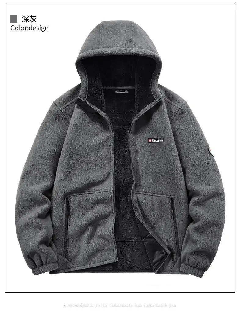 Men's Outdoor Sport Hooded Sweatshirt Jacket Warm Fleece Liner Windproof Softshell Inner Polar Fleece Coat with Zipper & Pockets