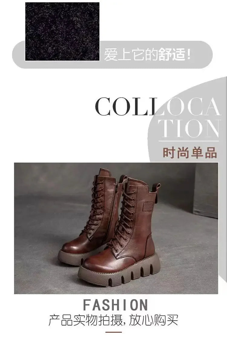 Winter Leather Women Boots 2025 Short Plush Mid-heel Snow Boots Lace Up Warm Lady Platform Biker Ankle Boots for Women Shoes