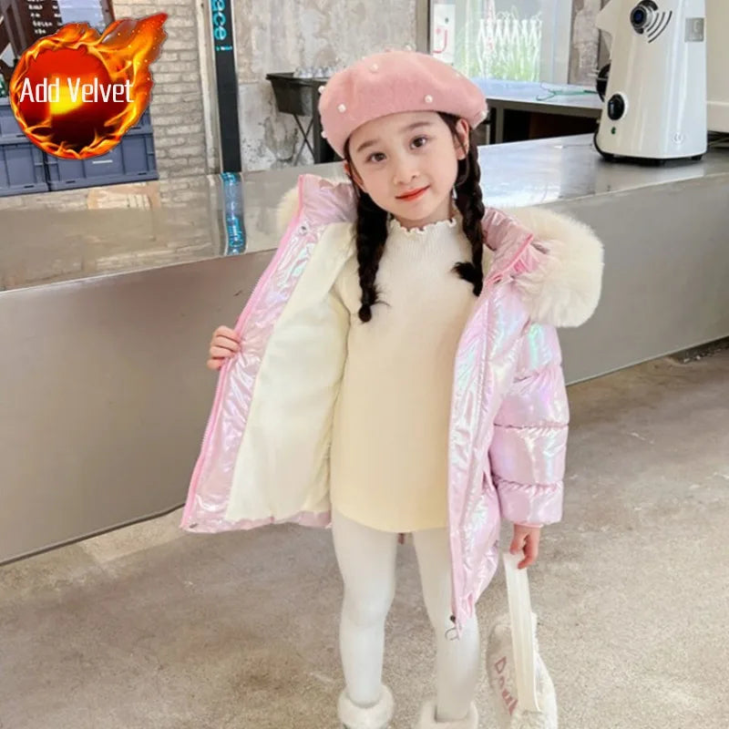 Winter Girls Down Jacket with Faux Fur Lining - Thermal Insulation Windproof Stain Resistant Coat for Medium To Large Kids