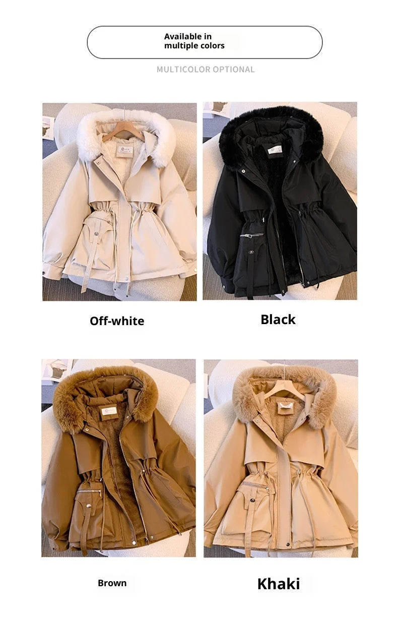 Fleece Lined Hood Down Jacket Winter Coat for Women Warm Drawstring Padded Parkas Korean Casual Streetwear Female Puffer Outwear