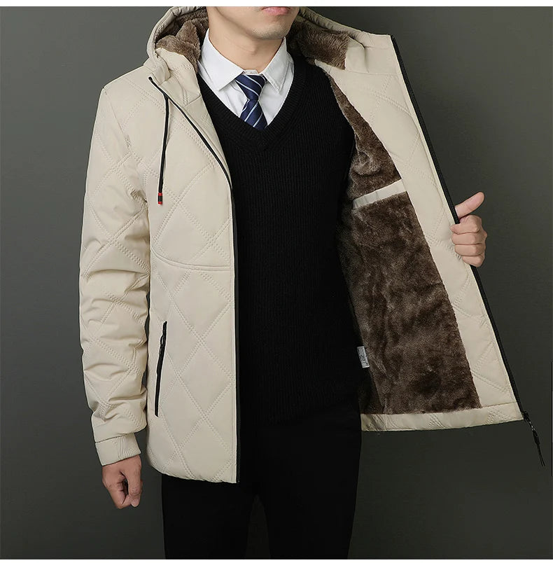 Winter Hooded Jacket Men Windproof Warm Business Casual Men Coats Blazers for Men Formal Social Jacket Solid Color Thick Coat