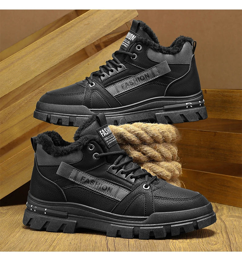 Men's plus size warm and velvet work boots soft-sole anti-slip high-top boots winter fashion youth comfort outdoor cotton boots