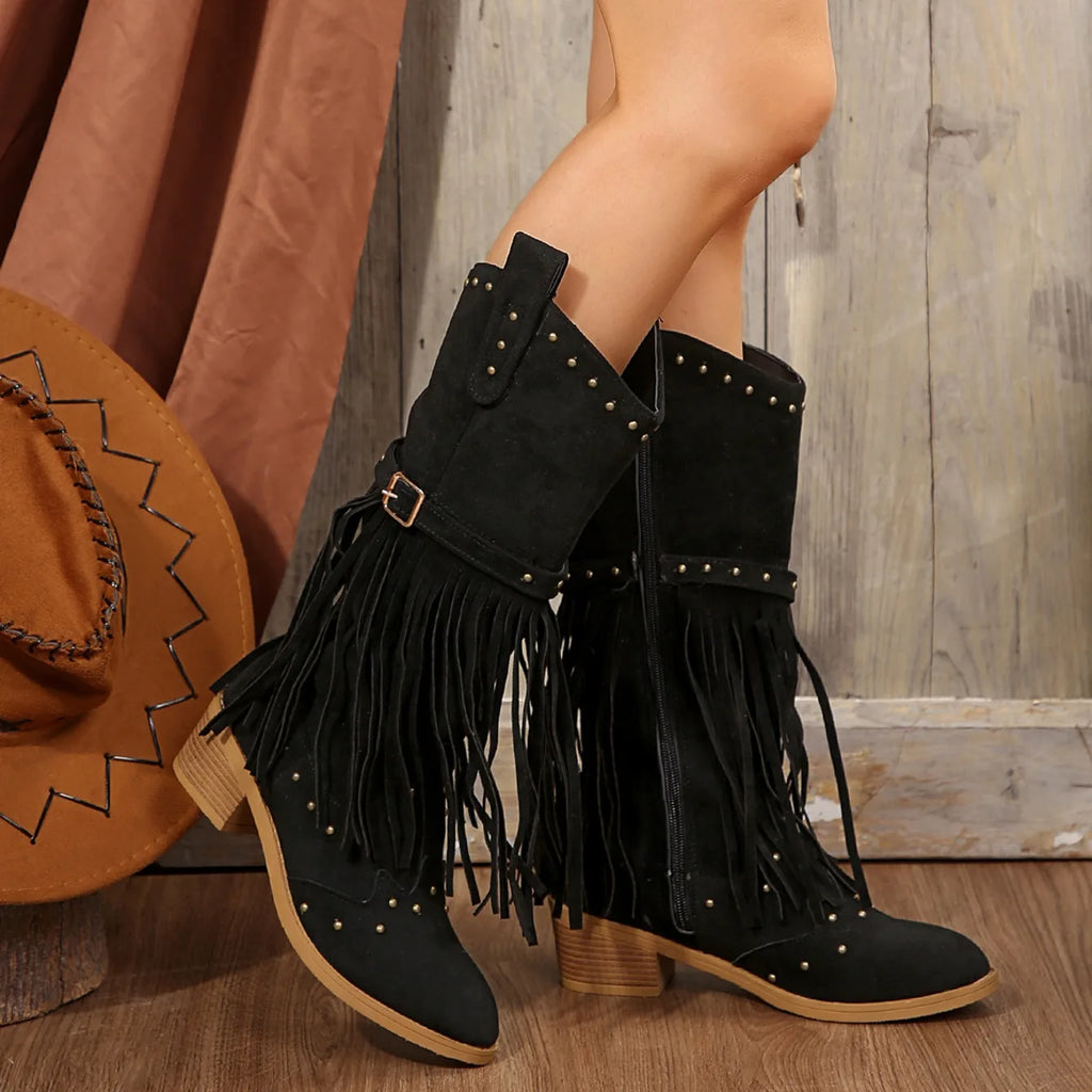2024 Winter Women Fringes Thick Heel High Boots Suede Pointed Toe Outdoor Fashion Platform Shoes Willow Nails Pumps Women Shoes