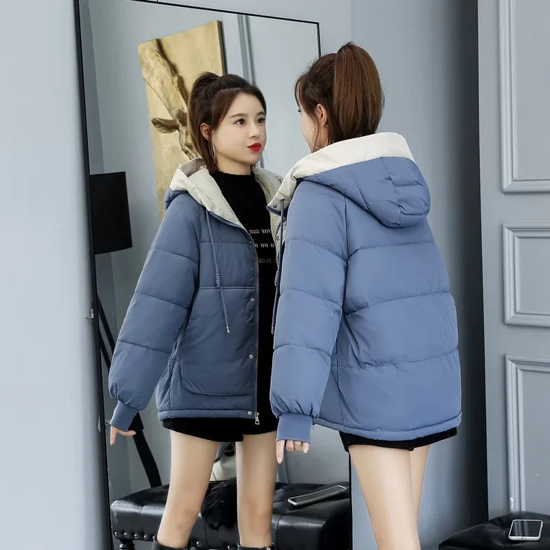 Women's Winter Jacket Cotton Padded Short Coat Ladies Students Long Sleeved Hooded Warm Outwear