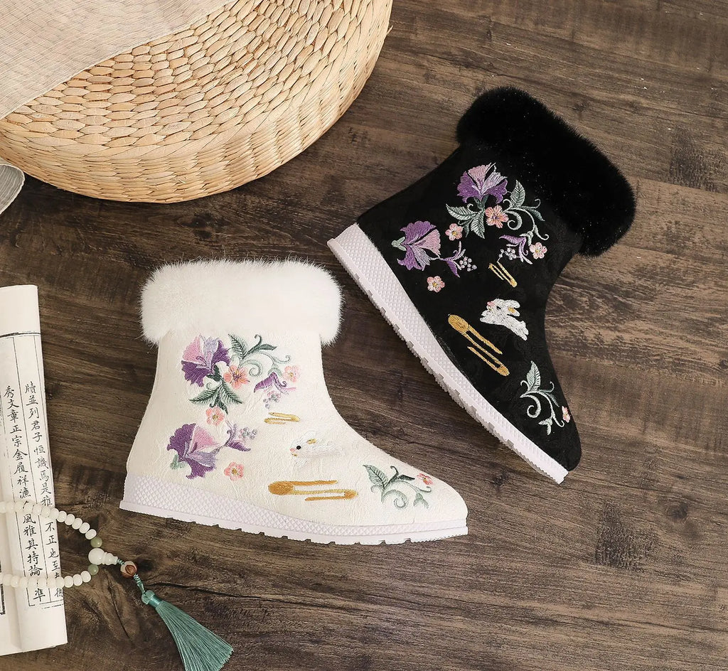 Fashion Winter Boots Women's Shoes Ethnic Style Embroidered Short Boots Women Warm Snow Shoes Female Antiquity Dance Flat Boot