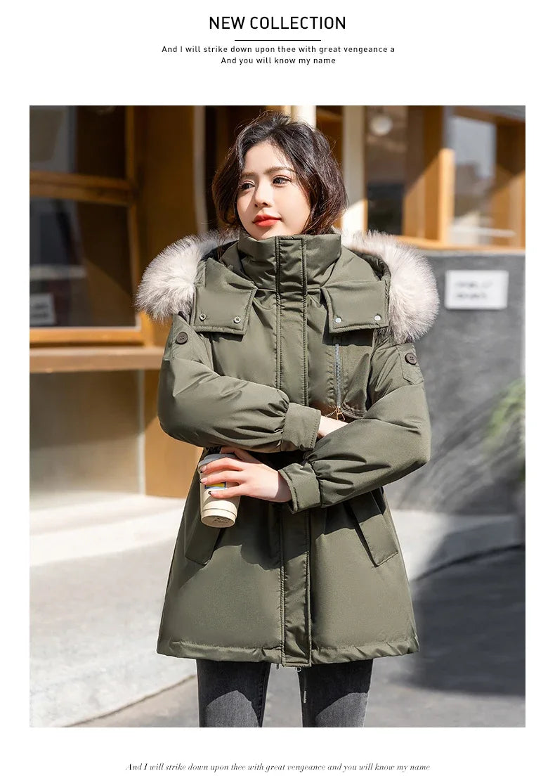CJFHJE Parkas Winter Jackets Women Chaquetas Para Mujeres Waist Big Fur Collar Warm Down Jacket Outdoor Coat Abrigos De Plumas