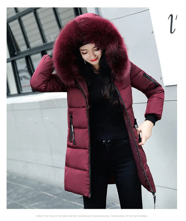 Women Parkas Hooded Long Sleeve Fur Collar Solid Thick Midi Parka Zipper Pockets Casual Warm Coat Outerwear Winter 2024