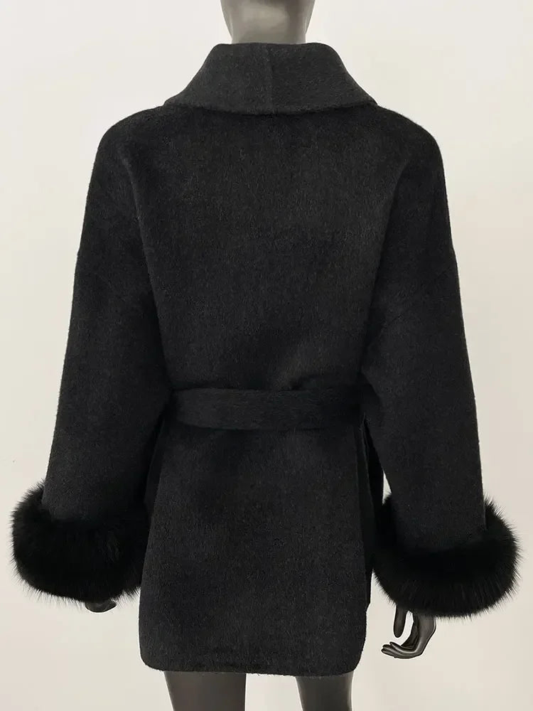 2024 New Winter Jacket for Women Natural Fox Fur Collar Thickened Warm Cashmere Wool Double-sided Coat Fashion V-neck Commuting