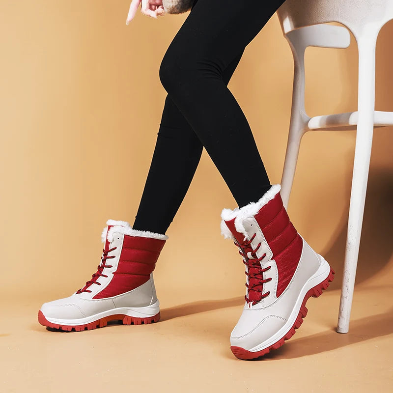 2025 Winter Women's Waterproof High Heel Boots Strap Up Flat Heel Boots Warm Snow Shoes, Plush Outdoor Fashion Casual Boots