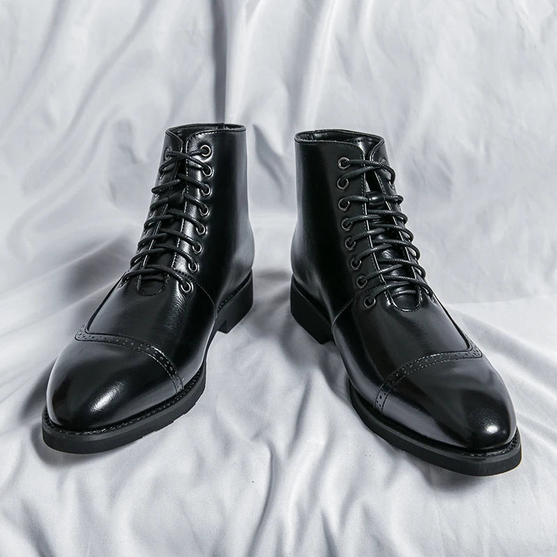 Winter Trend High Top Workwear Shoes Tips Thick Soles for Men's Business Dress Shoes British Style Men's Leather Ankle Boots