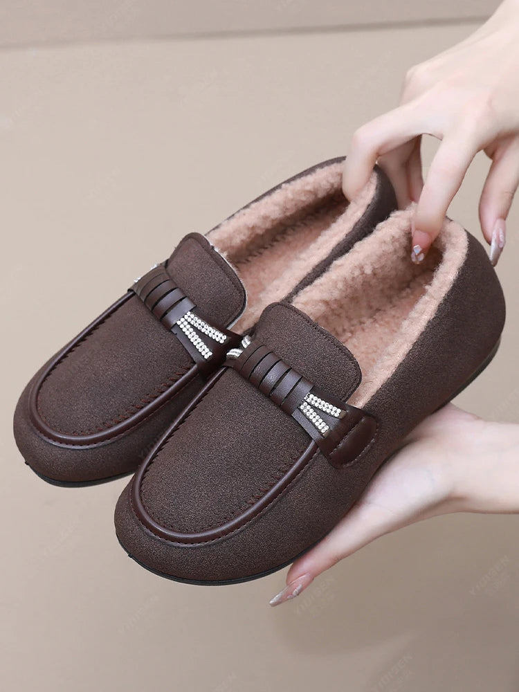 Women Winter Casual Shoes New Soft Flat Non-slip Loafers Fashion Comfort Warm Plush Slip on Female Cotton Shoes