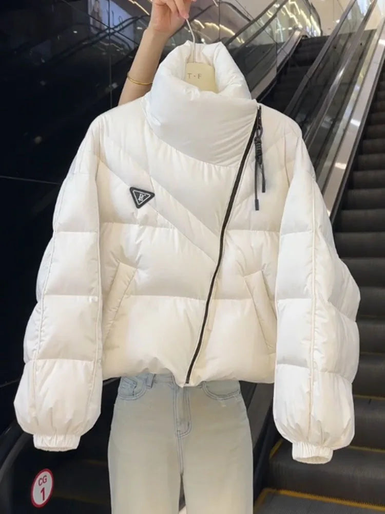 New Cotton Women Winter Warm Short Puff Jacket Korean Design Irregular Cotton Coat Trend Loose Thicken Parkas Tide Black White