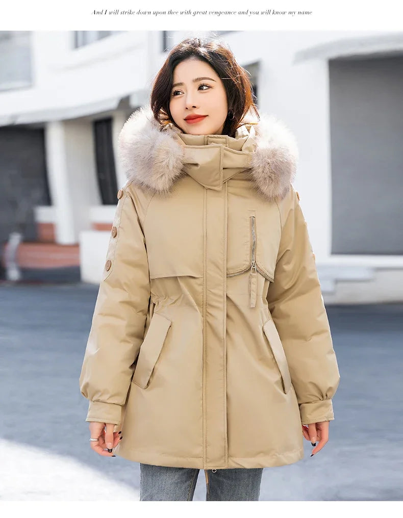 CJFHJE Parkas Winter Jackets Women Chaquetas Para Mujeres Waist Big Fur Collar Warm Down Jacket Outdoor Coat Abrigos De Plumas