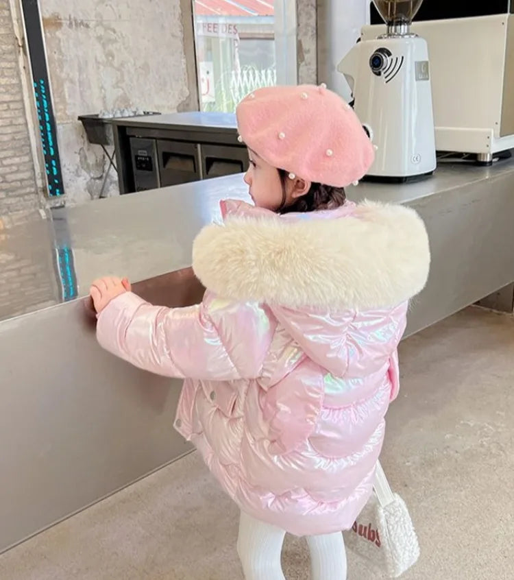 Winter Girls Down Jacket with Faux Fur Lining - Thermal Insulation Windproof Stain Resistant Coat for Medium To Large Kids