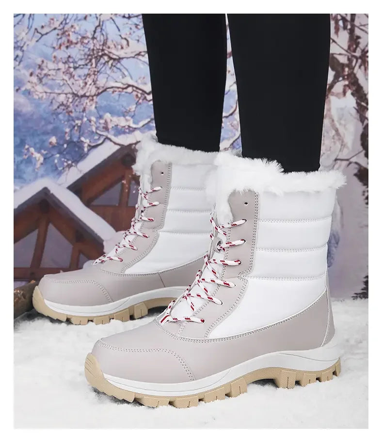 2025 Winter Women's Waterproof High Heel Boots Strap Up Flat Heel Boots Warm Snow Shoes, Plush Outdoor Fashion Casual Boots