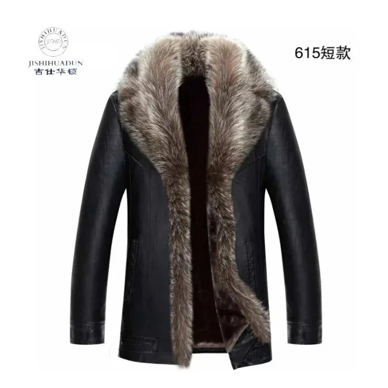 Winter New Leather Jacket for Men Short Plush Thickened Jackets 2025 Men's Raccoon Fur Collar Lapel Coats Jaqueta Couro
