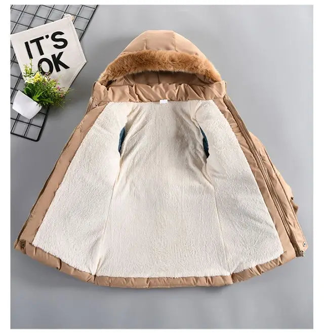 Thick Keep Warm Winter Girls Jacket Detachable Hat Plush Collar Hooded Padded Lining Coat For Kids Children Birthday Present