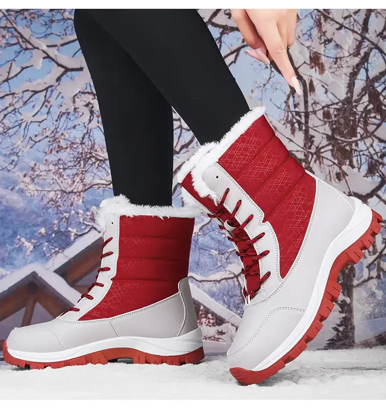 2025 Winter Women's Waterproof High Heel Boots Strap Up Flat Heel Boots Warm Snow Shoes, Plush Outdoor Fashion Casual Boots