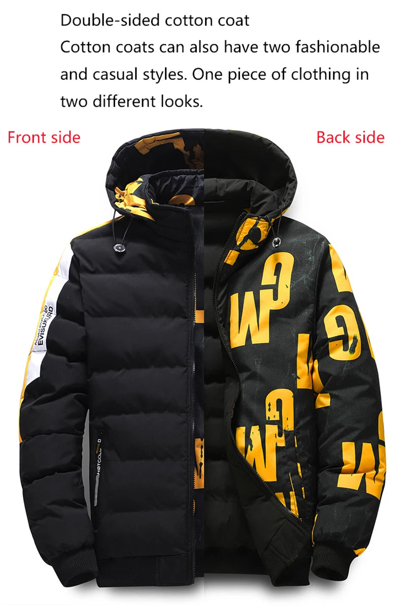 Winter Men's Cotton Jacket Fashion Warm Comfortable Padded Thickened Down Jackets Coat New Double-Sided Clothes Removable Cap
