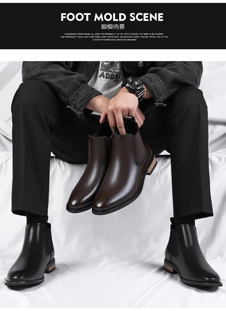 Winter New Men's Boots Genuine Leather Luxury Chelsea Boots Hidden Heels 6CM Height Increasing Shoes Man Outdoor Keep Warm Boots