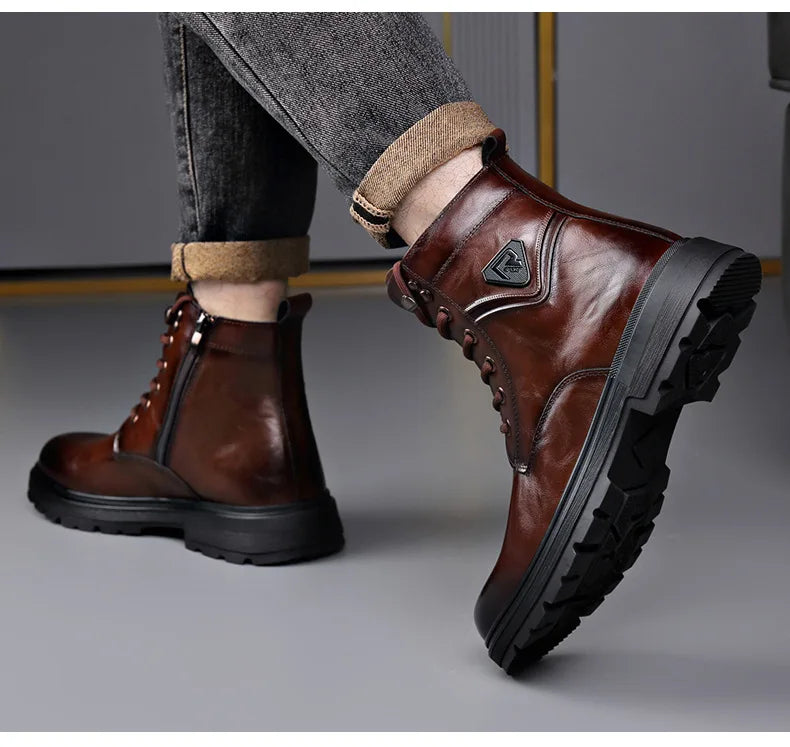 Autumn Winter Side Zipper Genuine Leather Boots for Men Fashion Casual Warm Cotton Work Shoes Man New Designer Ankle Boots Male