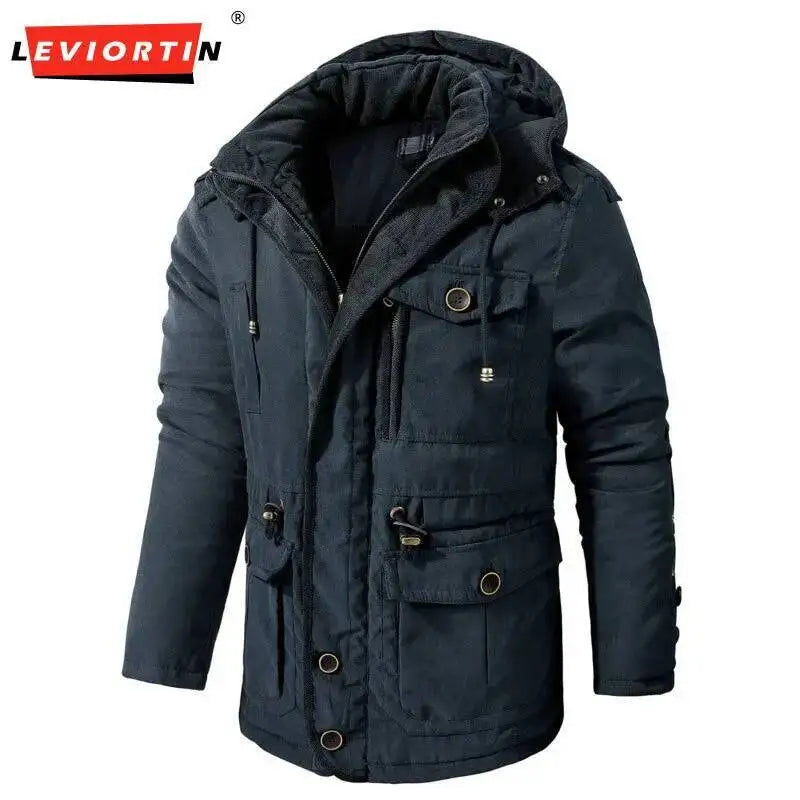 2025 Winter Men's American Fashion Versatile Hooded Cotton Jacket Thickened Multi Pocket Casual Simple Medium Length Top Coats
