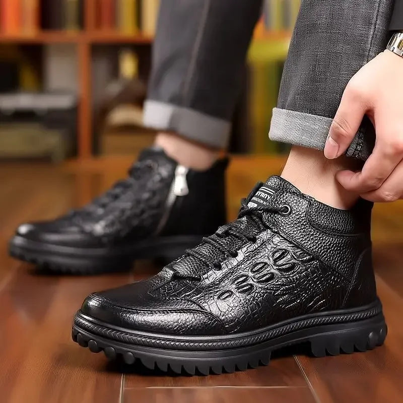 Snow Boots for Men Black High Top Lace Up Leather Winter Shoes Man Waterproof Casual Fashion Footwear Quality Fleece New in Fur