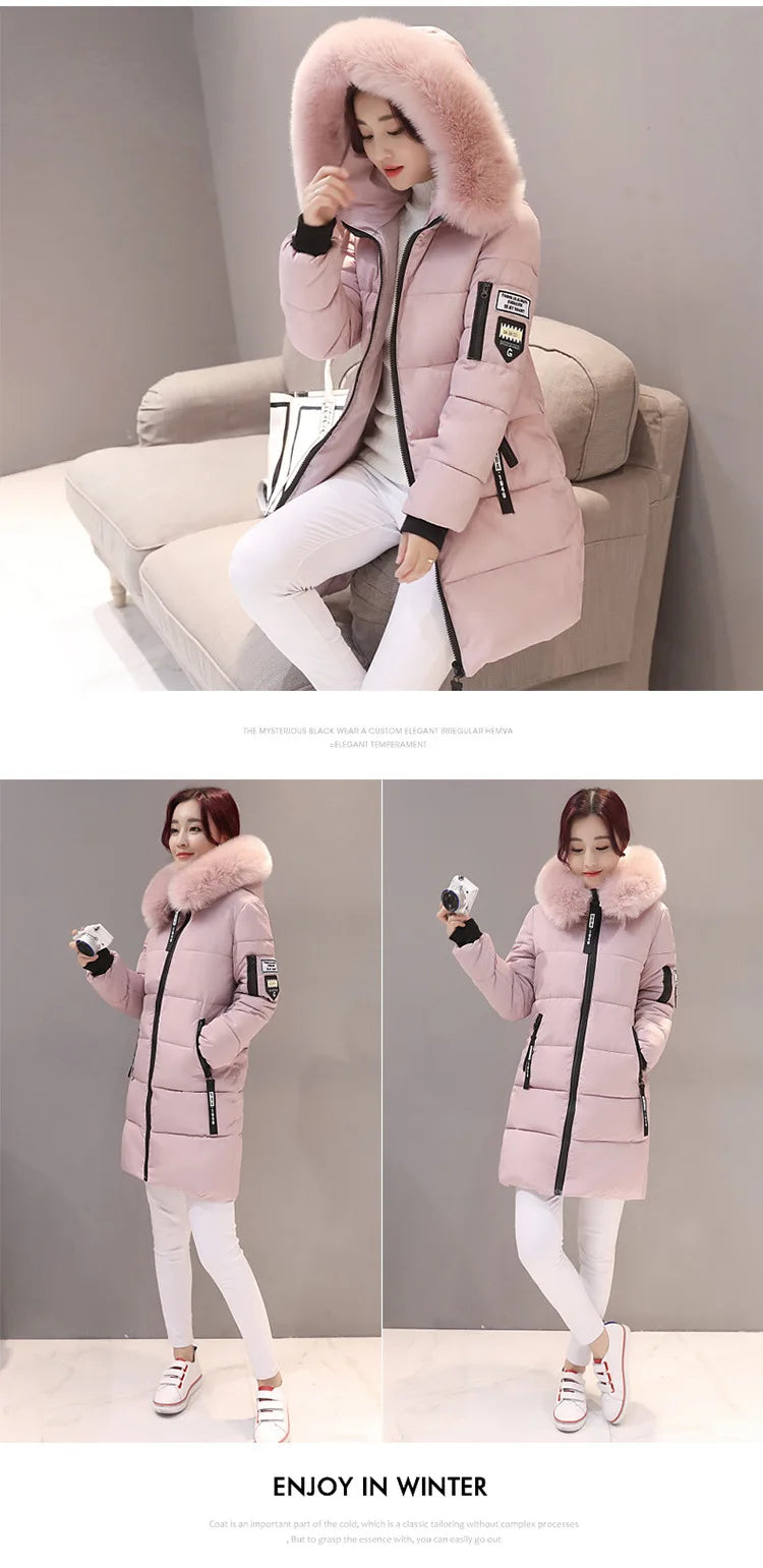 Winter Women Coat Mid-length Parkas Warm Hooded Cotton-padded Jacket Zipper Pockets Slim Thick Puffer Jacket Winter Clothes New
