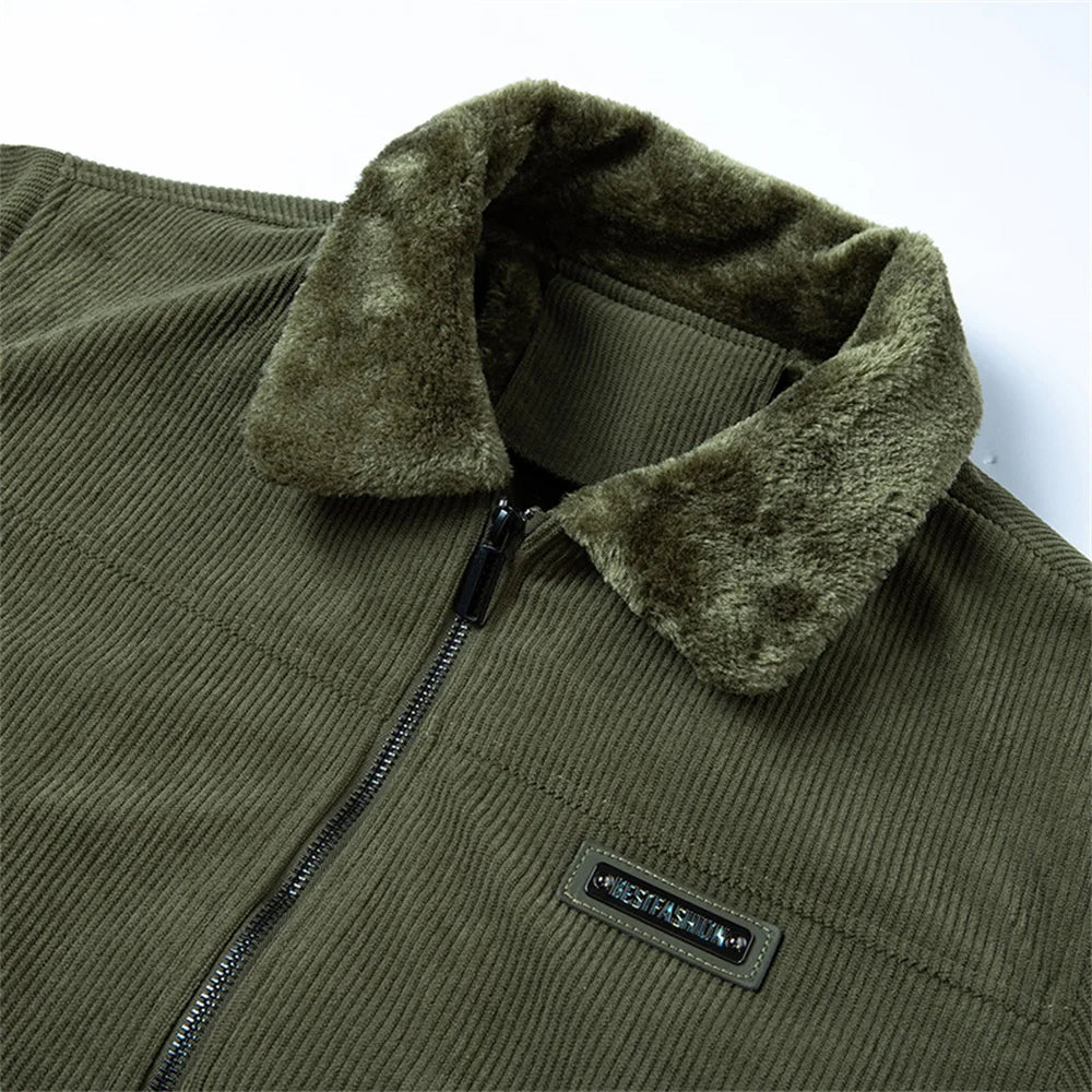 Winter New Arrival: Warm-Weather Corduroy Jacket Men's Fleece-Lined, Thickened Letter-Label Collared Jacket Fashionable Menswear