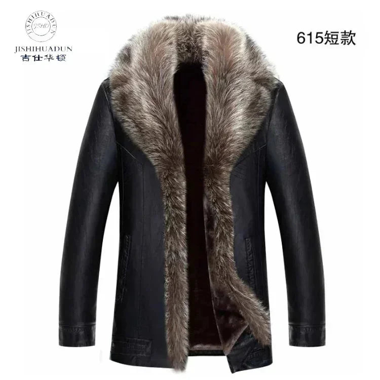 Winter New Leather Jacket for Men Short Plush Thickened Jackets 2025 Men's Raccoon Fur Collar Lapel Coats Jaqueta Couro