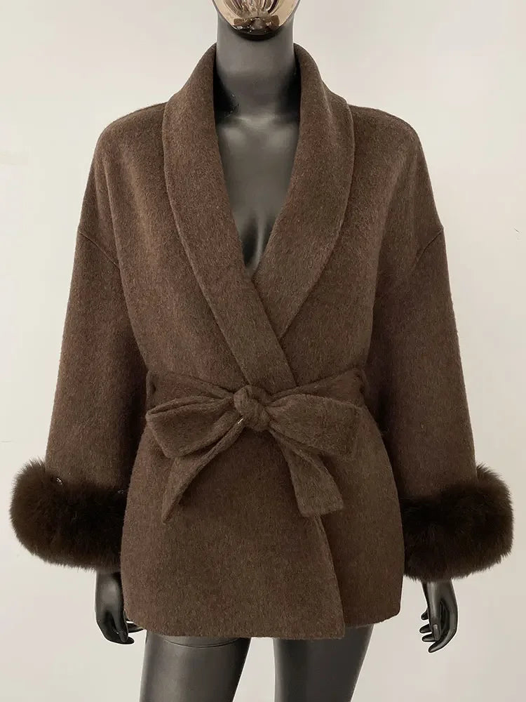 2024 New Winter Jacket for Women Natural Fox Fur Collar Thickened Warm Cashmere Wool Double-sided Coat Fashion V-neck Commuting