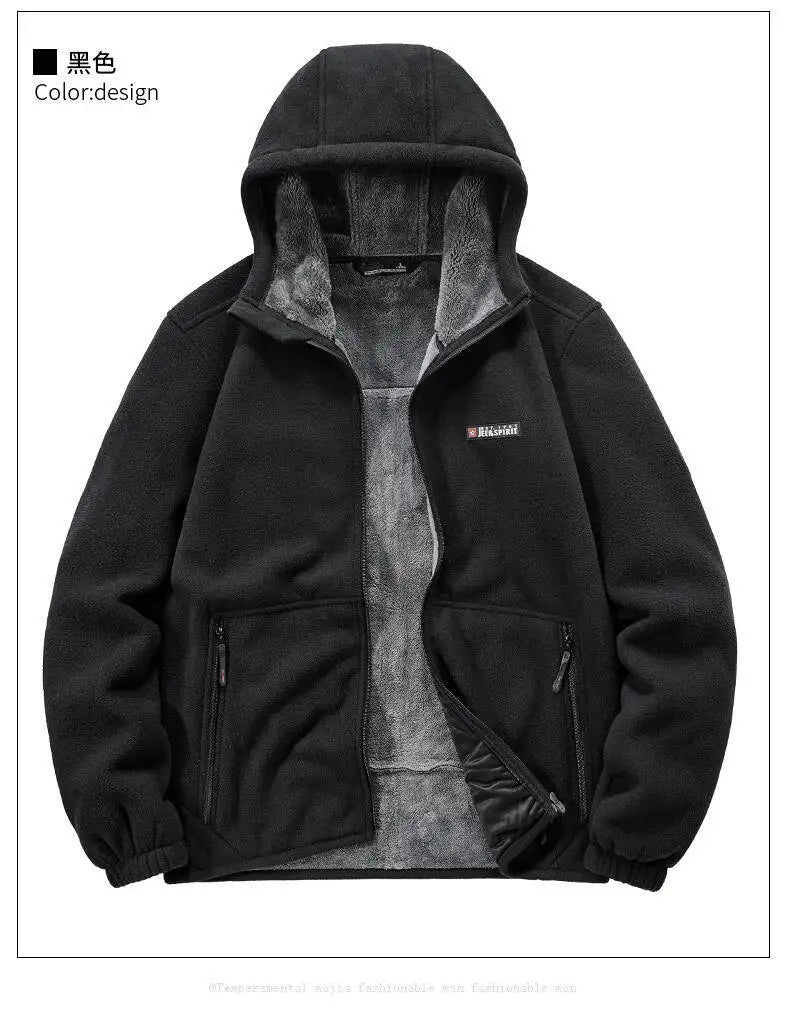Men's Outdoor Sport Hooded Sweatshirt Jacket Warm Fleece Liner Windproof Softshell Inner Polar Fleece Coat with Zipper & Pockets