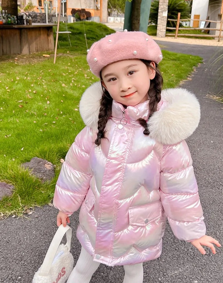Winter Girls Down Jacket with Faux Fur Lining - Thermal Insulation Windproof Stain Resistant Coat for Medium To Large Kids