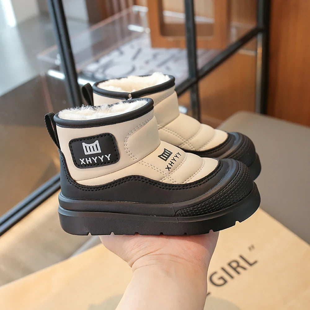 PU Leather Snow Boots For Children Waterproof Thick Warm Girl's Plush Boots Faux Fur Winter Cotton Shoes For Teenager Kids