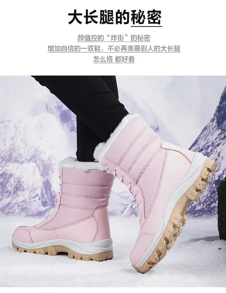 2025 Winter Women's Waterproof High Heel Boots Strap Up Flat Heel Boots Warm Snow Shoes, Plush Outdoor Fashion Casual Boots