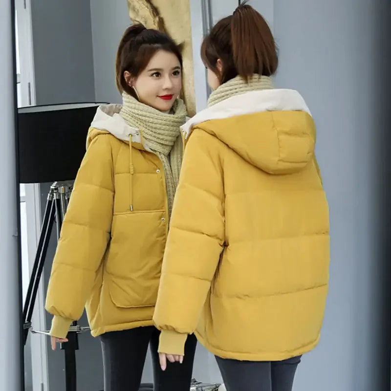 Women's Winter Jacket Cotton Padded Short Coat Ladies Students Long Sleeved Hooded Warm Outwear