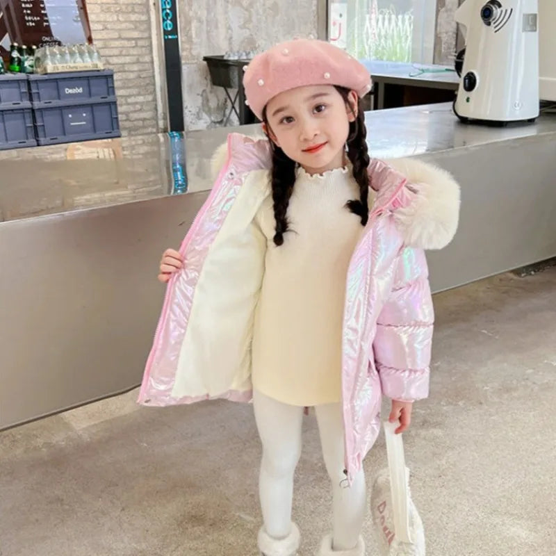 Winter Girls Down Jacket with Faux Fur Lining - Thermal Insulation Windproof Stain Resistant Coat for Medium To Large Kids